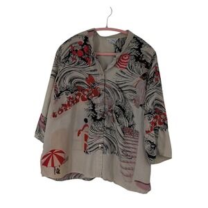 Citron Santa Monica 100% Silk Japanese Wave & Geisha Print Tunic Shirt Blouse X